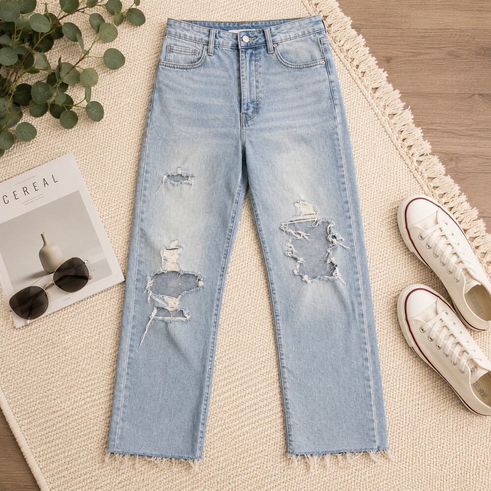 Wild Fable Highest Rise Straight Jeans Distressed Light Wash Button Fly Size 4